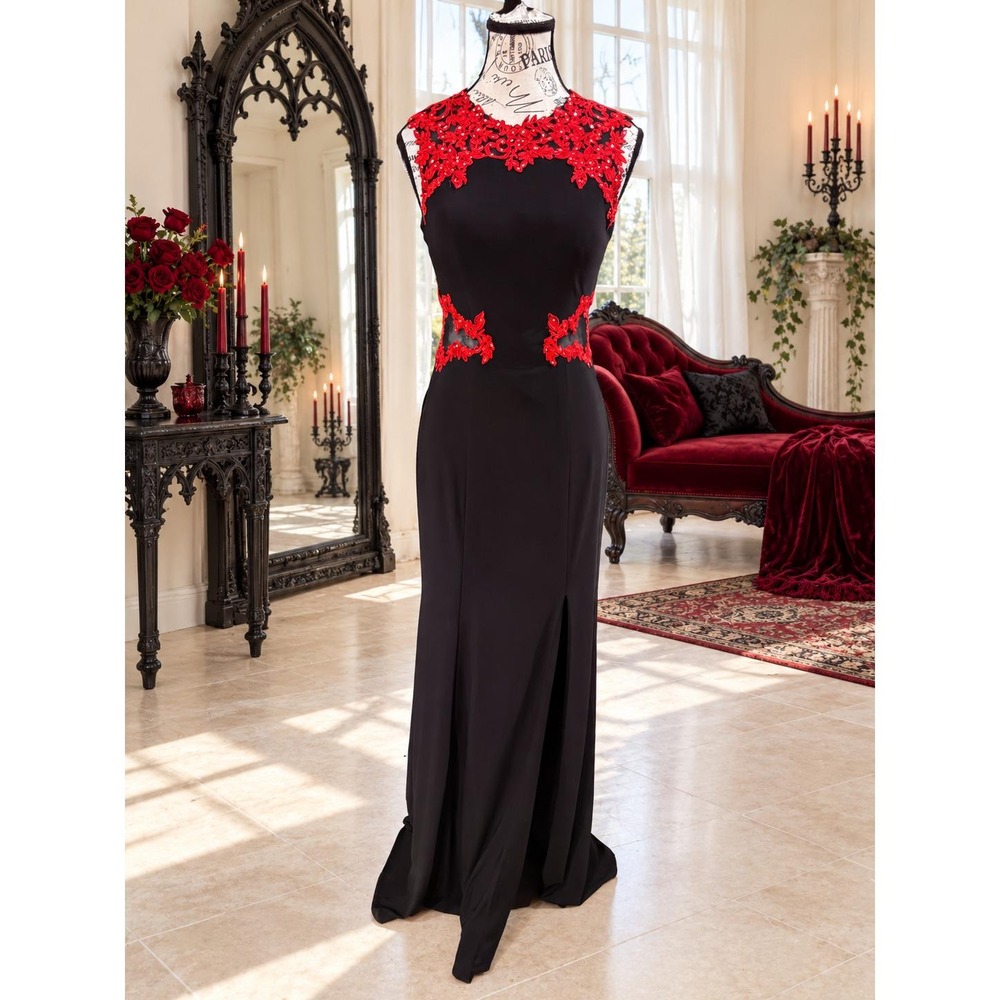 Vintage Blondie Nites Prom Dress Gown Black Red Lace Cutout Slit Juniors Size 7